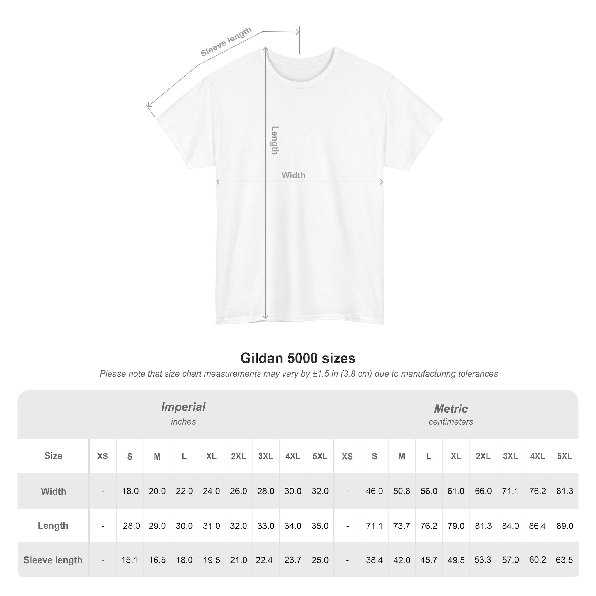 Diagram of the Kings Painting Co. Logo T‑Shirt (Classic) | Gildan Ultra Cotton (G5000) showing width, length, and sleeve length, with a size chart below for sizes XS–5XL displaying measurements in both inches and centimeters.